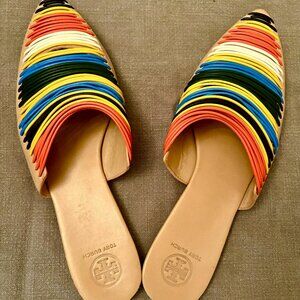 Tory Burch Siena Leather Flats Slides, Multicolor, Size 9